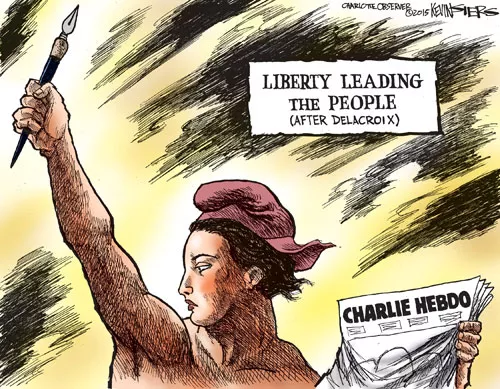“I wanted an image ... that melded the ideas of cartooning with liberty. Our Statue of Liberty was an icon that came immediately to mind, but I rejected using that because I wanted to keep the French connection to this event. So I thought of the famous image of Liberty from the painting in the Louvre of the French revolution. Once I remembered its title was ‘Liberty Leading the People’ I was sold on somehow making this metaphor work. So instead of a flag and a rifle, she carries a magazine and a pen.” - REPRINTED WITH PERMISSION, KEVIN SIERS, THE CHARLOTTE OBSERVER