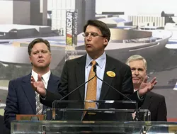 SEAN MEYERS/ICON SMI/NEWSCOM - IT'S PAT: Former Mayor Pat McCrory (center) with NASCAR Chairman and CEO Brian France (left) and former Gov. Mike Easley in March 2006