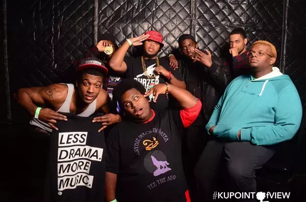 Tony P. (top center, saluting) with the Phazer Gang in 2014. Other members are (front, from left) Braille Rhymstone and Hadal and (back, from left) FLLS FKA L, Potts, Francesko the Artist, AXNT, and T.E.S. (Photo by ZuesAllOver)