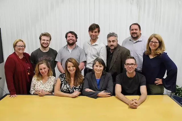 The cast of 'Confidence (and the Speech)' with producer/director Anne Lambert [far left] and playwright Susan Lambert Hatem [far right]. (All photos by Ramsey Lyric/Charlotte's Off Broadway)