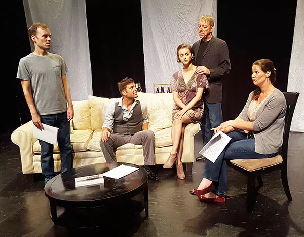 (L to R) Scott Miller, Paul Gibson, Karina Caporino, Michael Harris and Becca Worthington in Three Bone Theatre’s Seminar.