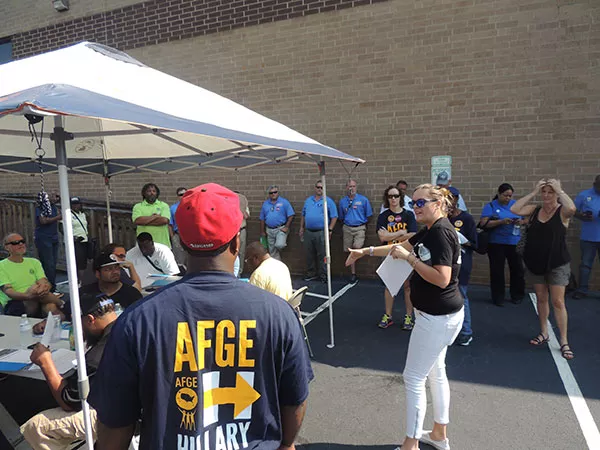 Dominique Salice, deputy field director in the southern region for the national AFL-CIO, discusses canvassing strategy with volunteers at the Labor 2016 mobilization kick-off.
