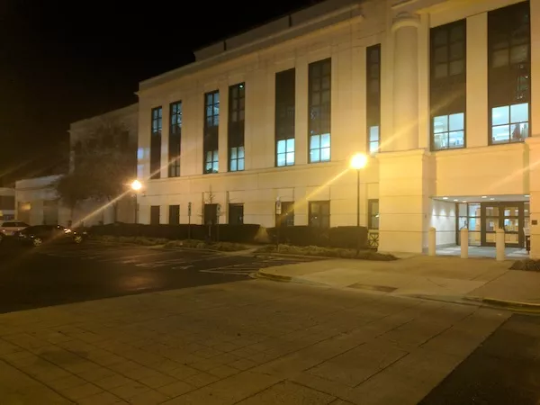 The parking lot at CMPD headquarters, where Jonathan Bennett’s crime spree, and life, came to an end. (Photo by Ryan Pitkin)