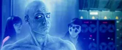 WARNER BROS. - WHY SO BLUE?: Dr. Manhattan (Billy Crudup) ponders the mysteries of life while Silk Spectre (Malin Akerman) and Rorschach (Jackie Earle Haley) ponder the mysteries of Dr. Manhattan in Watchmen.