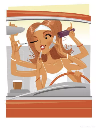 woman-driving-car-adjusting-mirror-applying-make-up-and-talking-on-cell-phone-with-multiple-arms-giclee-print-c12351517